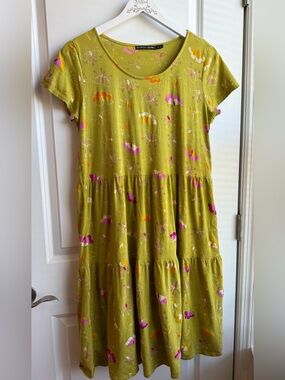 Gudrun Sjoden Green Butterfly Print Dress Lagenlook Organic Cotton Medium Tiered